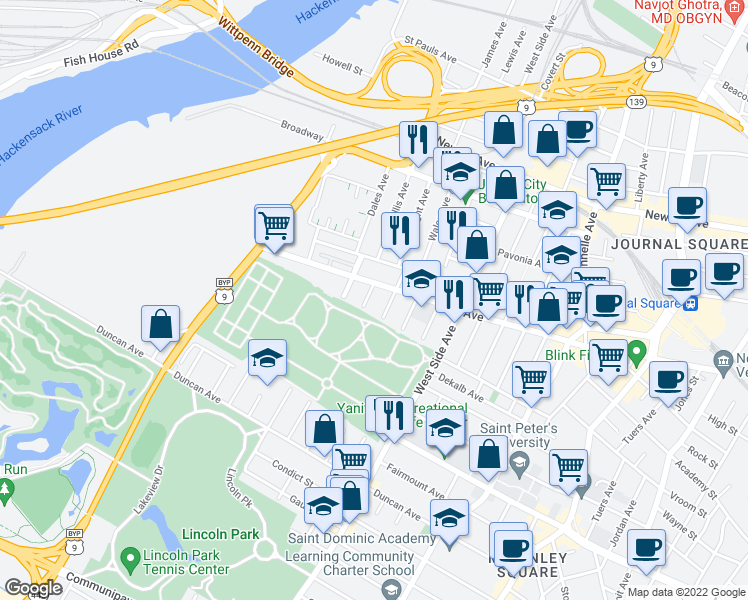 map of restaurants, bars, coffee shops, grocery stores, and more near 11 Bryant Avenue in Jersey City