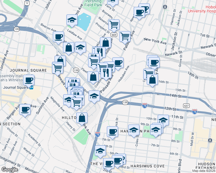 map of restaurants, bars, coffee shops, grocery stores, and more near 87 Palisade Avenue in Jersey City