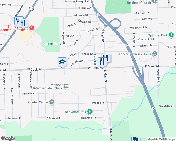 map of restaurants, bars, coffee shops, grocery stores, and more near 87 E Cook Rd in Mansfield