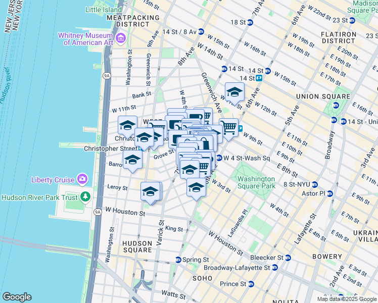 map of restaurants, bars, coffee shops, grocery stores, and more near 89 7th Avenue South in New York
