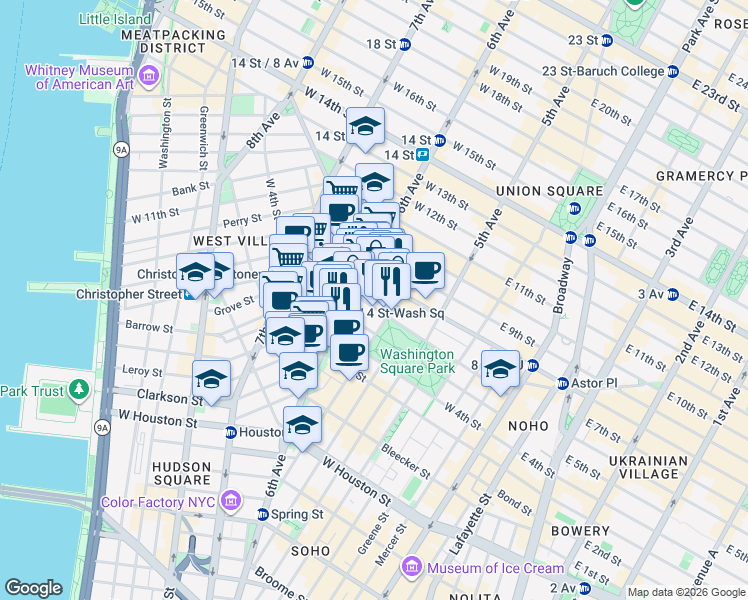 map of restaurants, bars, coffee shops, grocery stores, and more near 117 Waverly Place in New York