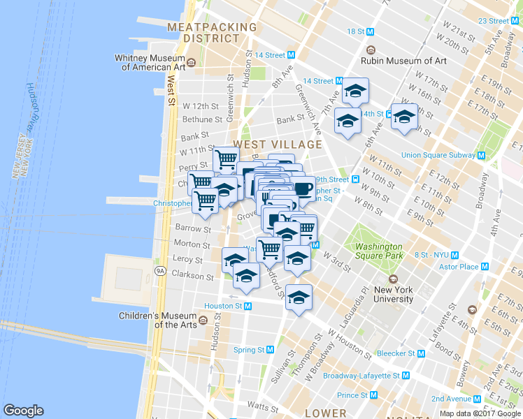 map of restaurants, bars, coffee shops, grocery stores, and more near 37 Grove Street in New York