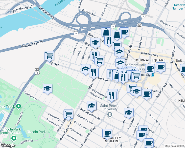 map of restaurants, bars, coffee shops, grocery stores, and more near 274 Sip Avenue in Jersey City