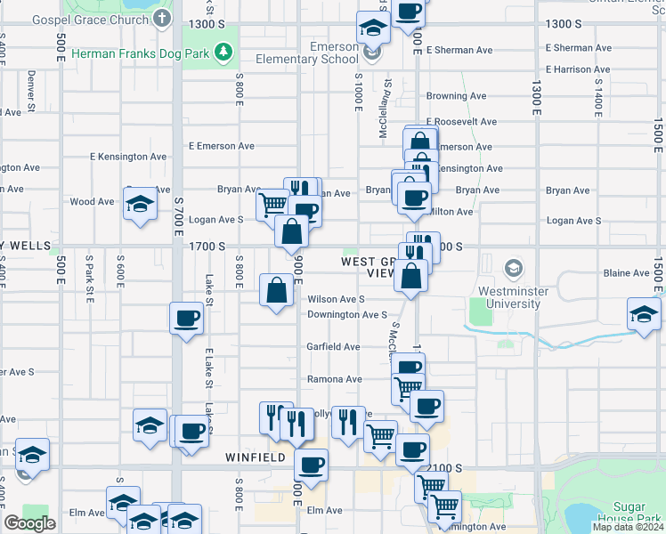 map of restaurants, bars, coffee shops, grocery stores, and more near 953 Blaine Avenue in Salt Lake City