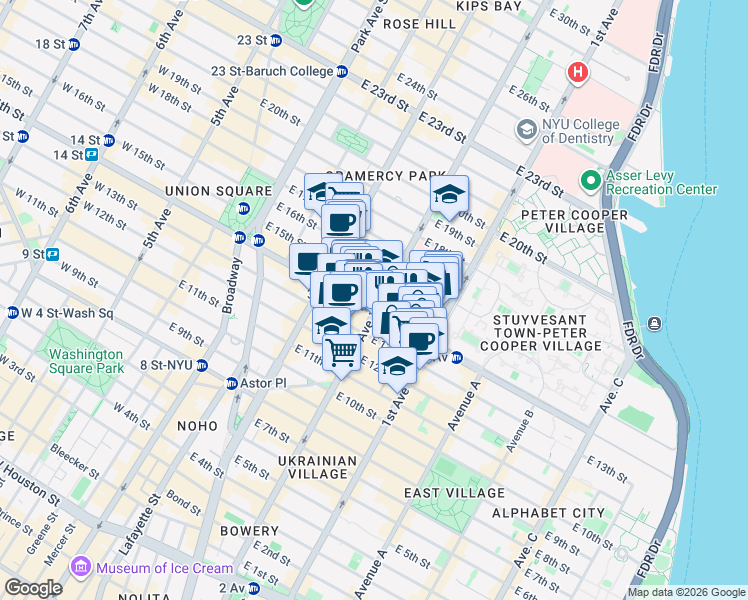 map of restaurants, bars, coffee shops, grocery stores, and more near 238 East 15th Street in New York
