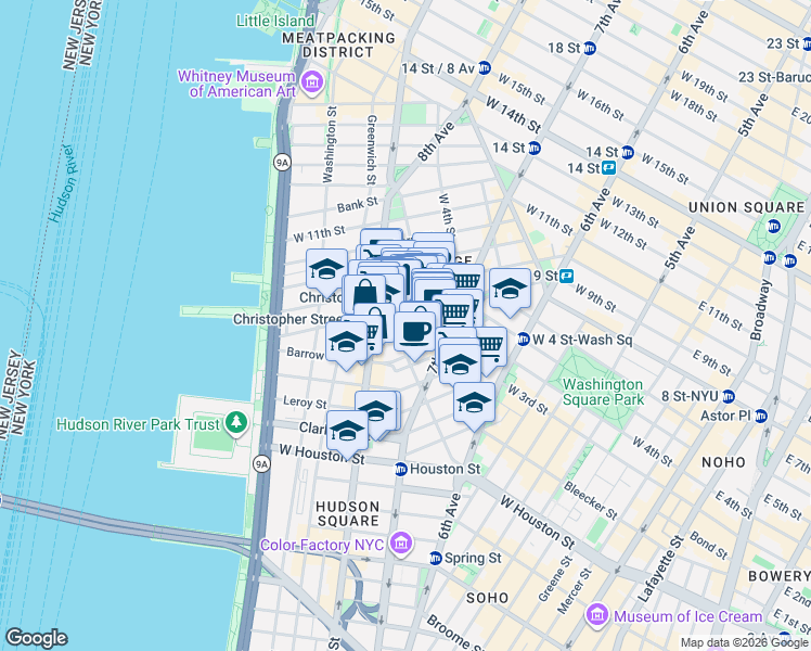 map of restaurants, bars, coffee shops, grocery stores, and more near 110 Christopher Street in New York