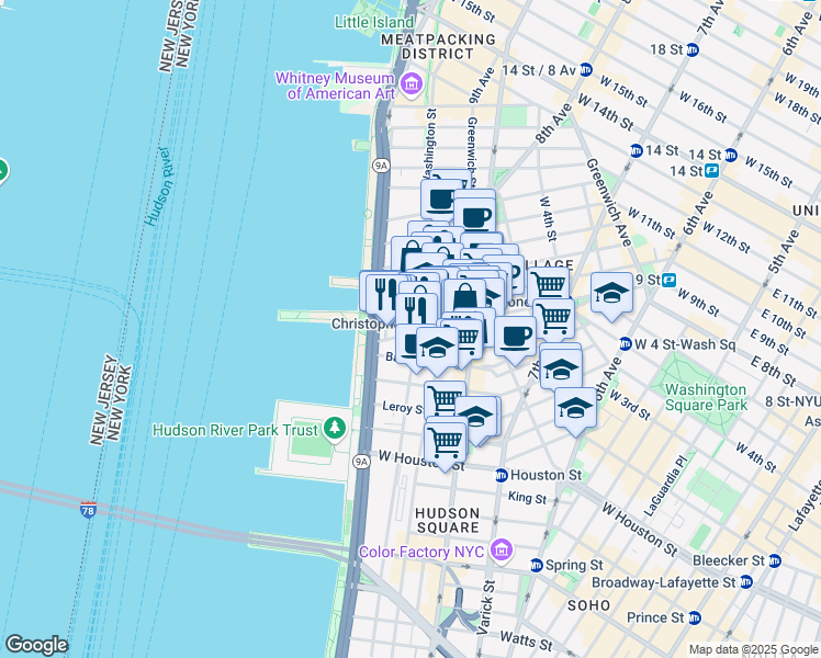 map of restaurants, bars, coffee shops, grocery stores, and more near in New York