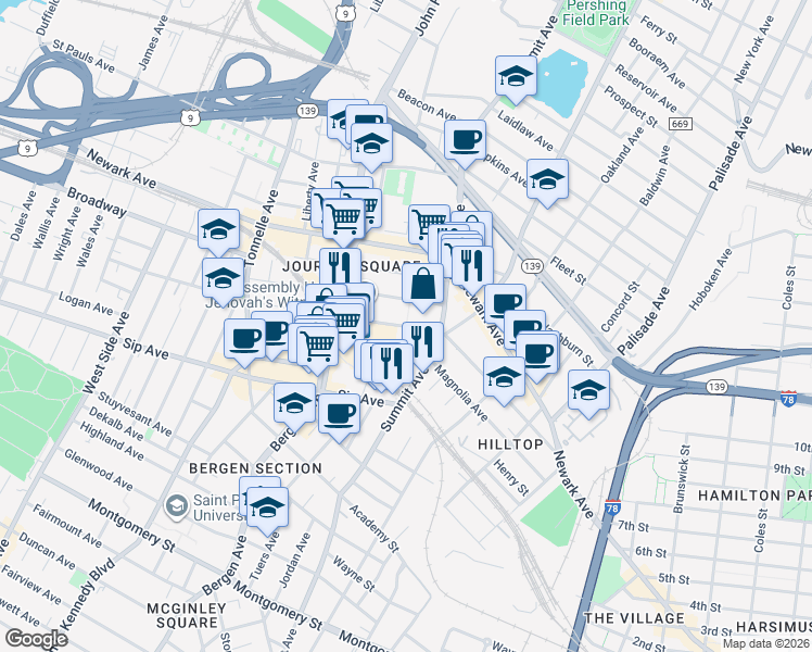 map of restaurants, bars, coffee shops, grocery stores, and more near 615 Pavonia Avenue in Jersey City