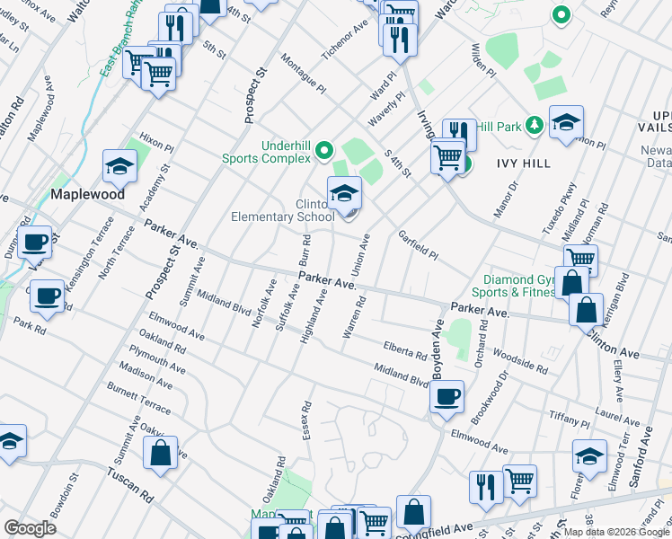 map of restaurants, bars, coffee shops, grocery stores, and more near 129 Parker Avenue in Maplewood
