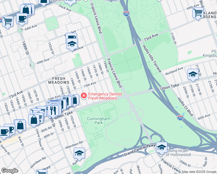 map of restaurants, bars, coffee shops, grocery stores, and more near 75-38 198th Street in Queens