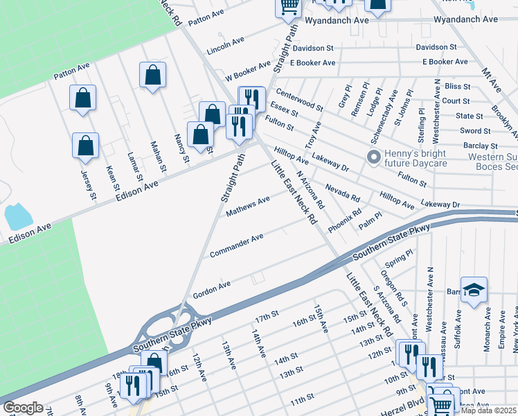 map of restaurants, bars, coffee shops, grocery stores, and more near 36 Mathews Avenue in West Babylon
