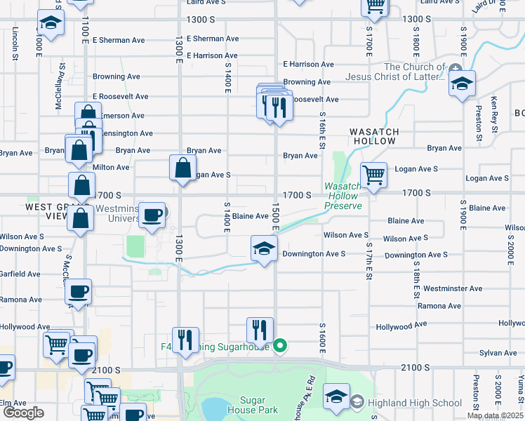 map of restaurants, bars, coffee shops, grocery stores, and more near 1466 Blaine Avenue in Salt Lake City