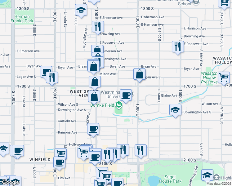 map of restaurants, bars, coffee shops, grocery stores, and more near 1840 South 1300 East in Salt Lake City