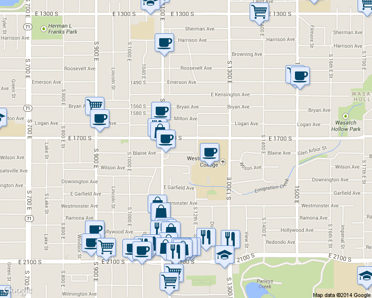 map of restaurants, bars, coffee shops, grocery stores, and more near 1156 Blaine Avenue in Salt Lake City