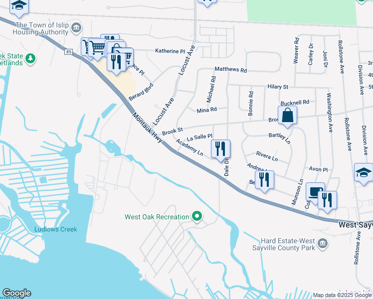 map of restaurants, bars, coffee shops, grocery stores, and more near 685 Montauk Highway in Oakdale