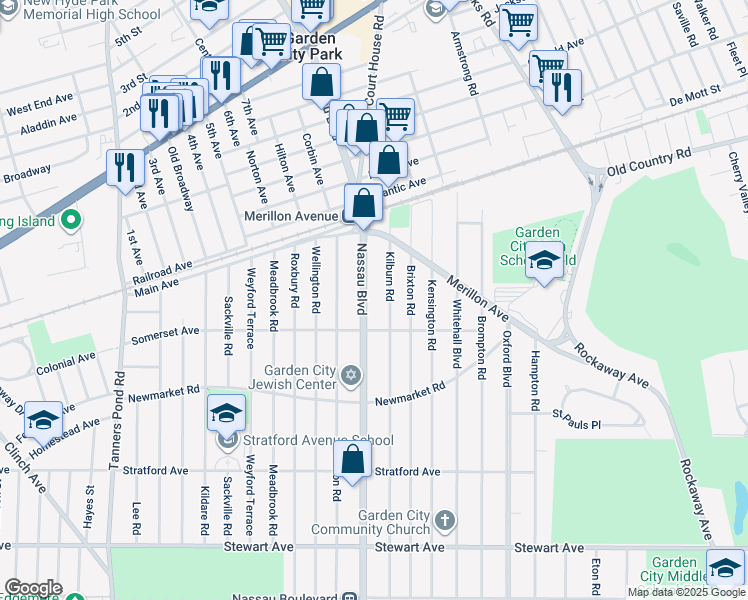 map of restaurants, bars, coffee shops, grocery stores, and more near 195 Nassau Boulevard in Garden City