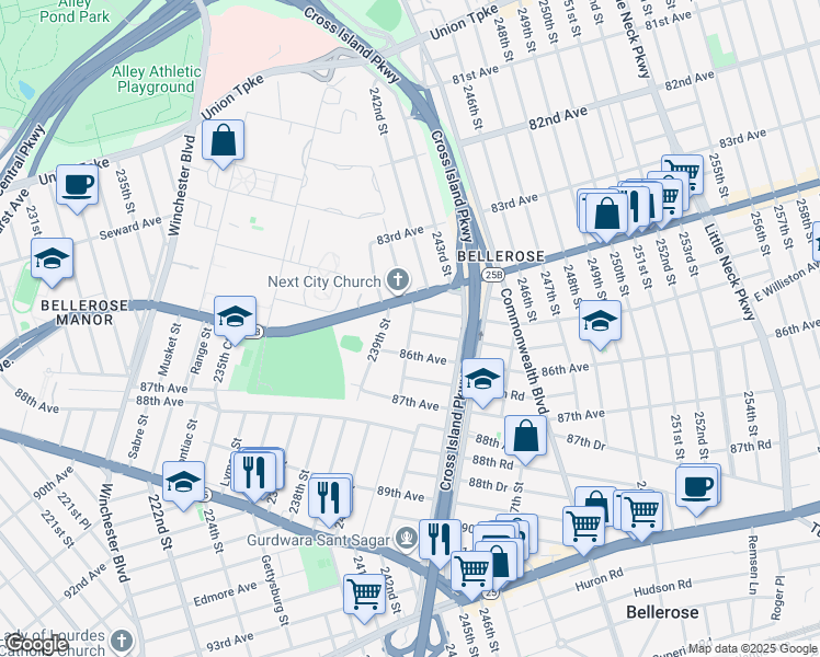 map of restaurants, bars, coffee shops, grocery stores, and more near 241-06 85th Road in Queens