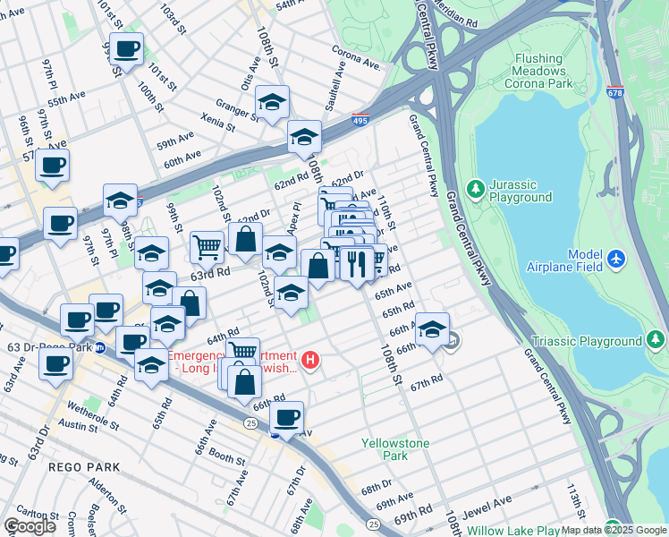 map of restaurants, bars, coffee shops, grocery stores, and more near 10525 64th Avenue in Queens