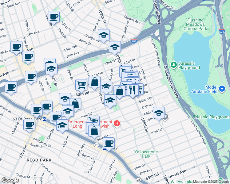 map of restaurants, bars, coffee shops, grocery stores, and more near 63-55 102nd Street in Queens