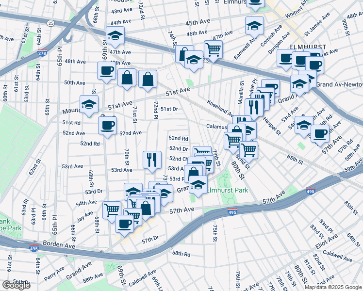 map of restaurants, bars, coffee shops, grocery stores, and more near 53 52nd Drive in Queens