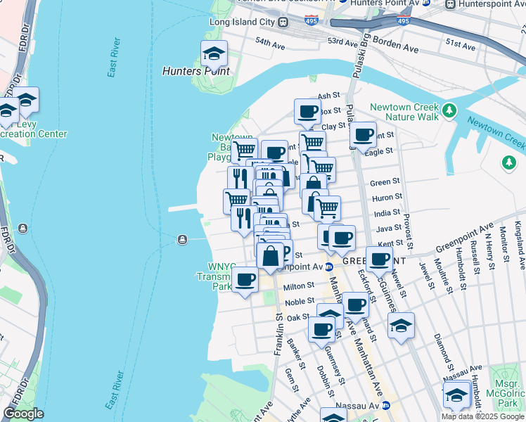 map of restaurants, bars, coffee shops, grocery stores, and more near 66 Huron Street in Brooklyn