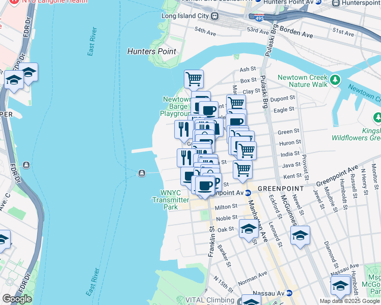 map of restaurants, bars, coffee shops, grocery stores, and more near 66 Huron Street in Brooklyn