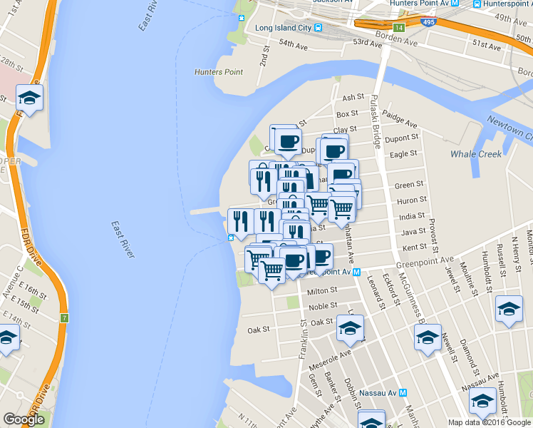 map of restaurants, bars, coffee shops, grocery stores, and more near 66 Huron Street in Brooklyn