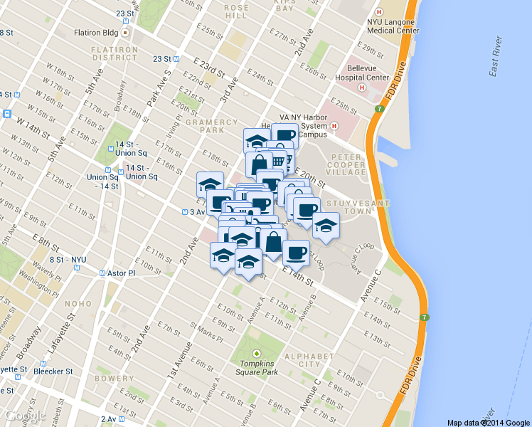 map of restaurants, bars, coffee shops, grocery stores, and more near 275 1st Avenue in New York