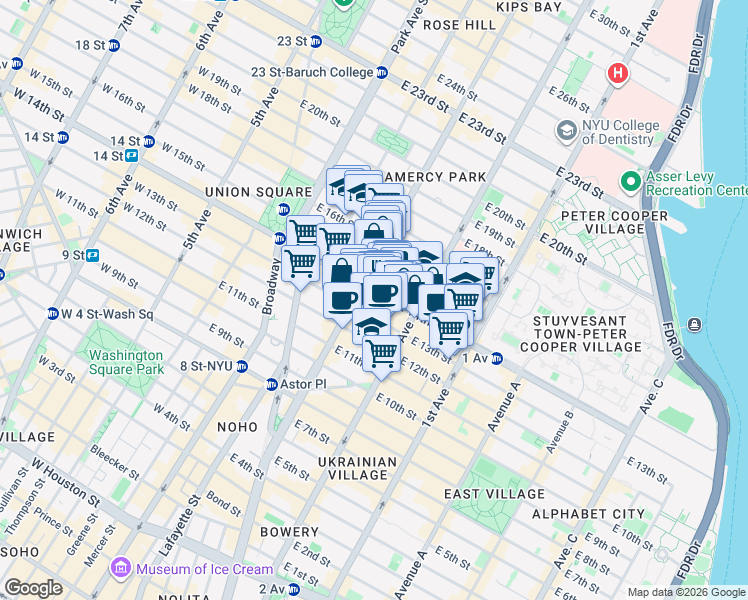 map of restaurants, bars, coffee shops, grocery stores, and more near 230 East 14th Street in New York
