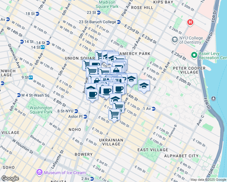 map of restaurants, bars, coffee shops, grocery stores, and more near in New York