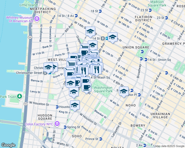 map of restaurants, bars, coffee shops, grocery stores, and more near 340 6th Avenue in New York