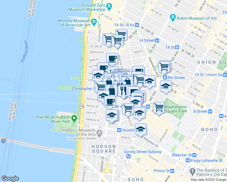 map of restaurants, bars, coffee shops, grocery stores, and more near in New York