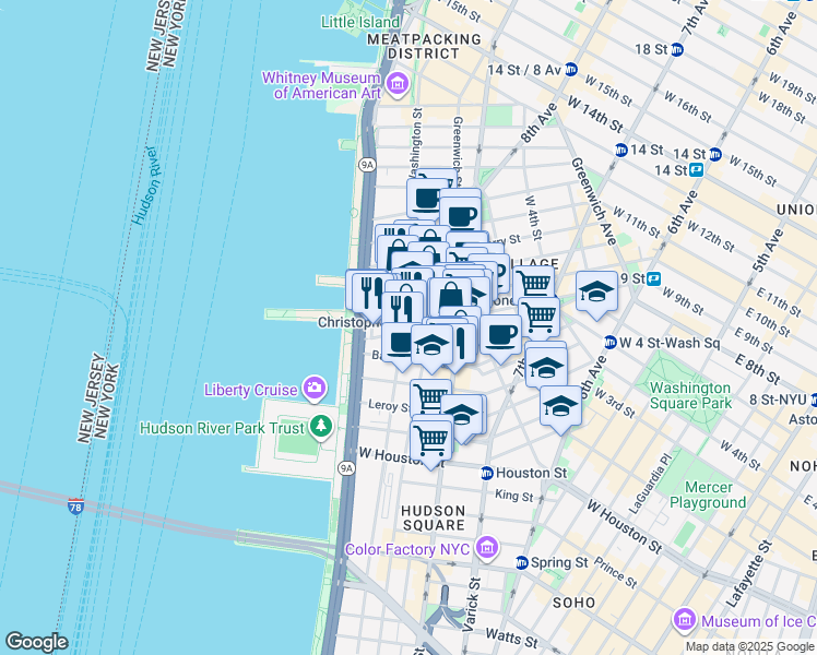 map of restaurants, bars, coffee shops, grocery stores, and more near in New York