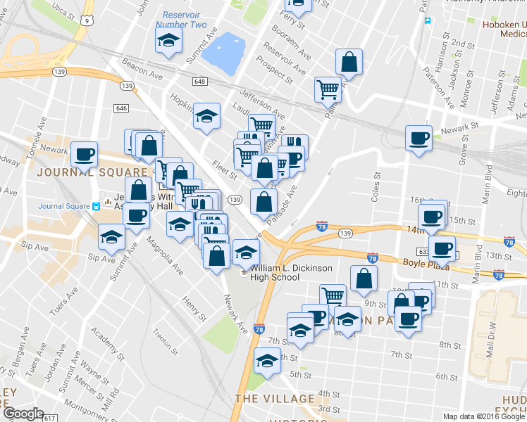 map of restaurants, bars, coffee shops, grocery stores, and more near 91 Palisade Avenue in Jersey City