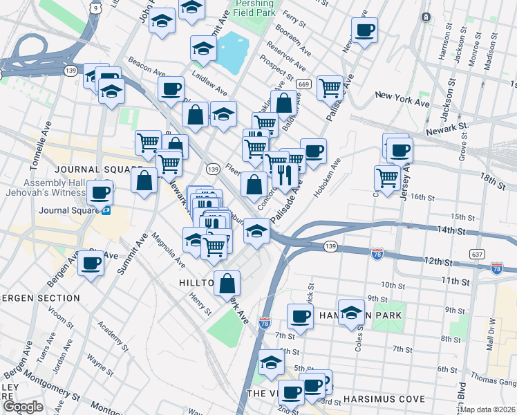 map of restaurants, bars, coffee shops, grocery stores, and more near 316 Hoboken Avenue in Jersey City