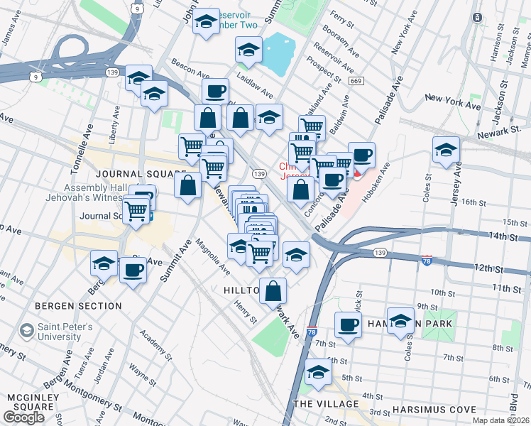 map of restaurants, bars, coffee shops, grocery stores, and more near 46 Washburn Street in Jersey City