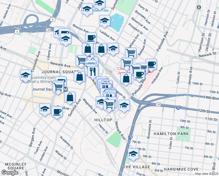 map of restaurants, bars, coffee shops, grocery stores, and more near 84 Court House Place in Jersey City
