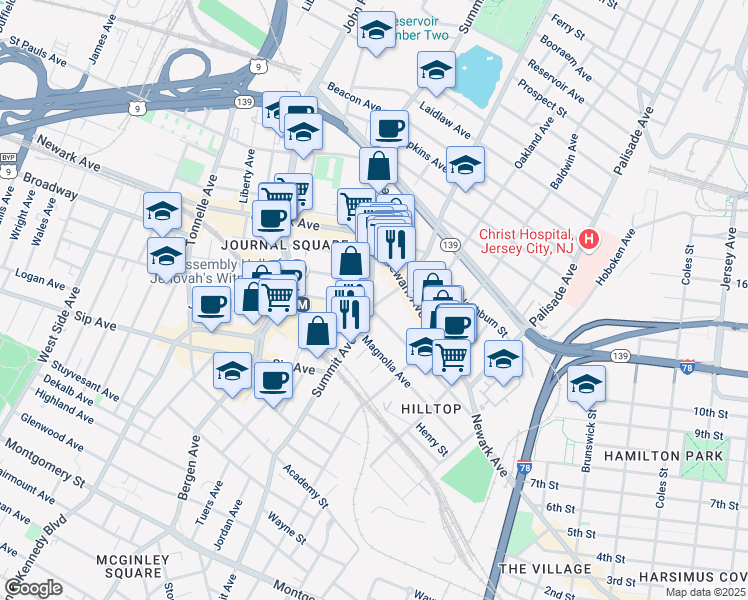 map of restaurants, bars, coffee shops, grocery stores, and more near in Jersey City