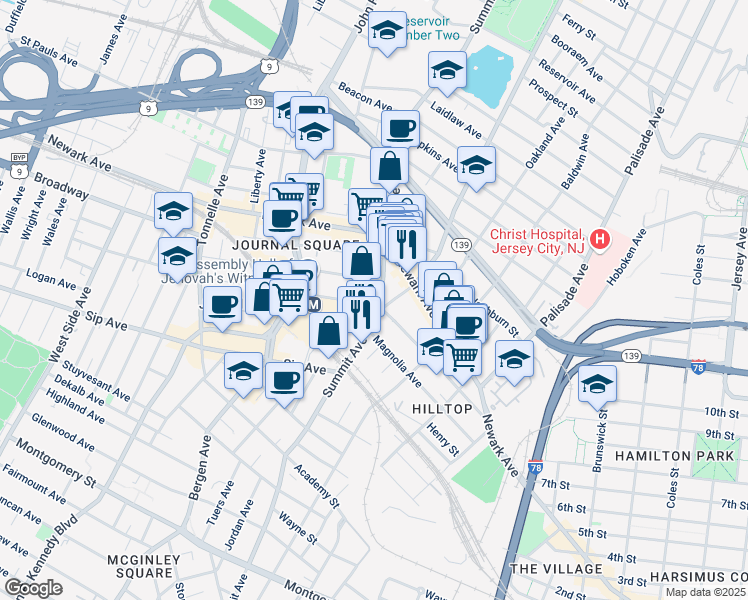 map of restaurants, bars, coffee shops, grocery stores, and more near in Jersey City