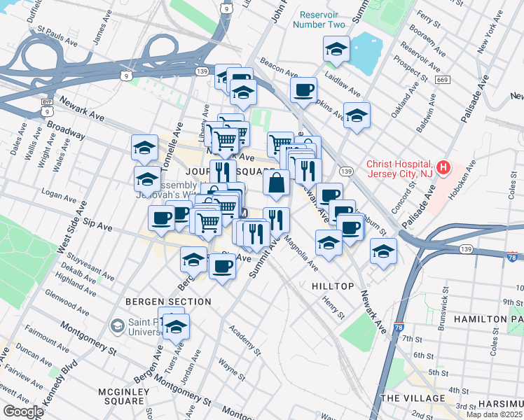 map of restaurants, bars, coffee shops, grocery stores, and more near 615 Pavonia Avenue in Jersey City