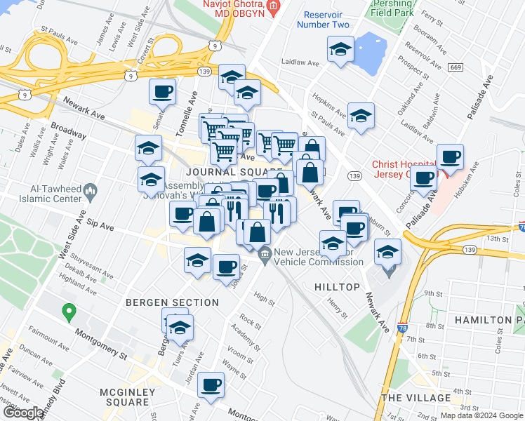 map of restaurants, bars, coffee shops, grocery stores, and more near 615 Pavonia Avenue in Jersey City