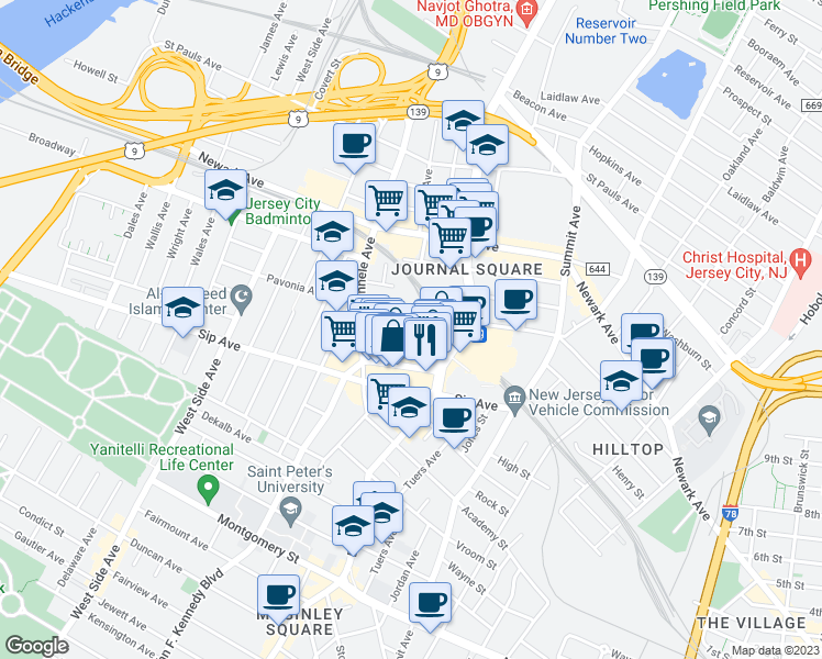 map of restaurants, bars, coffee shops, grocery stores, and more near 282 Magnolia Avenue in Jersey City