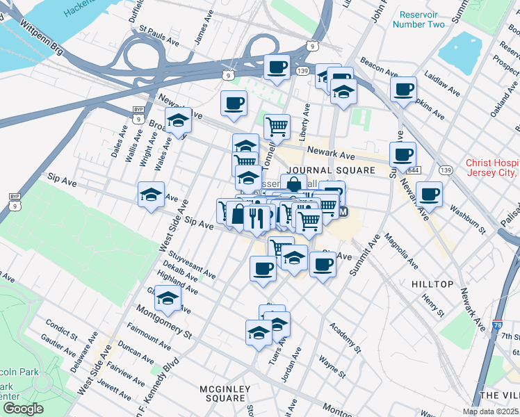 map of restaurants, bars, coffee shops, grocery stores, and more near 52 Tonnele Avenue in Jersey City