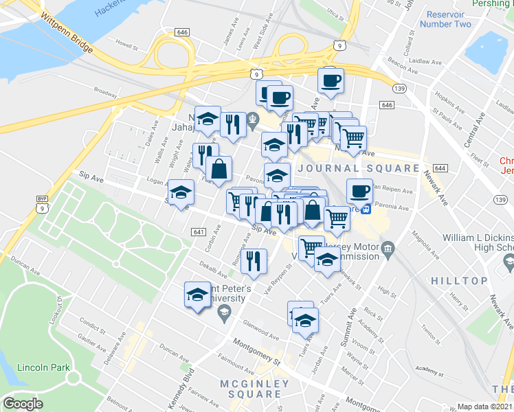map of restaurants, bars, coffee shops, grocery stores, and more near 76 Van Wagenen Avenue in Jersey City