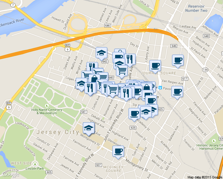 map of restaurants, bars, coffee shops, grocery stores, and more near in Jersey City