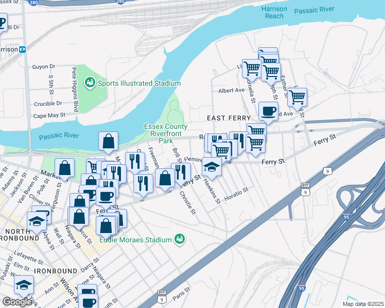 map of restaurants, bars, coffee shops, grocery stores, and more near 121 Fleming Avenue in Newark