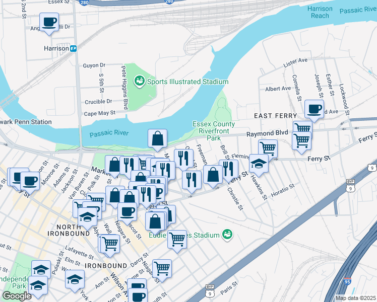 map of restaurants, bars, coffee shops, grocery stores, and more near 17 Oxford Street in Newark