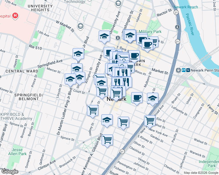 map of restaurants, bars, coffee shops, grocery stores, and more near 907-913 Broad Street in Newark