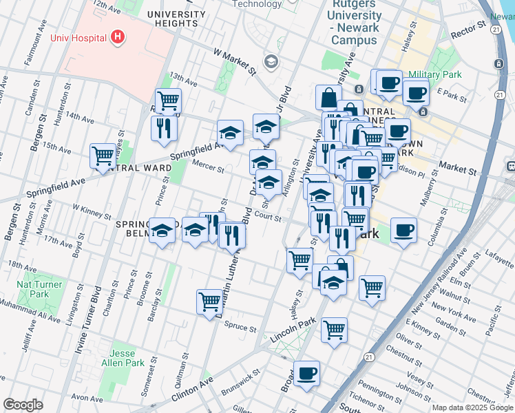 map of restaurants, bars, coffee shops, grocery stores, and more near 600 Doctor Martin Luther King Junior Boulevard in Newark