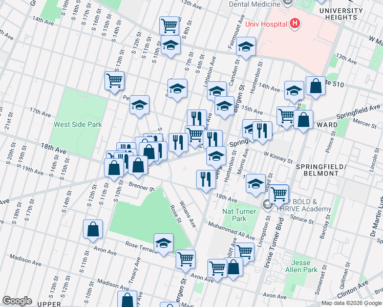 map of restaurants, bars, coffee shops, grocery stores, and more near 387-397 Springfield Avenue in Newark